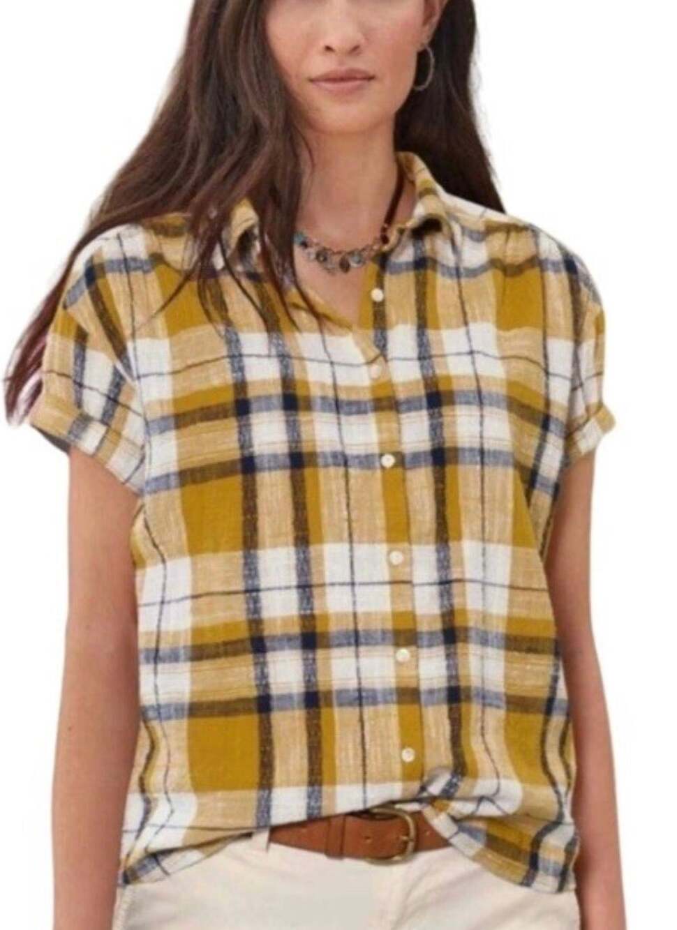 Sundance Catalog Women’s Button-Up Short Sleeve Plaid Top - Size Medium - OA